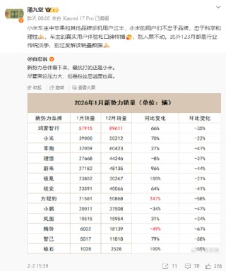 潘九堂谈小米汽车1月销量：1、2、3月都是行业传统淡季，别过度解读