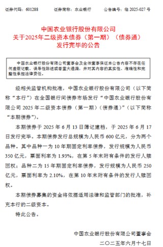 农业银行：600亿元二级资本债券发行完毕