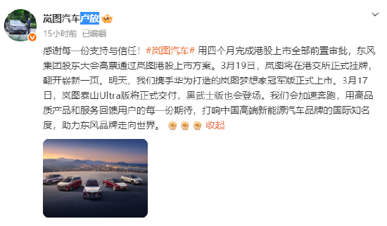 卢放：3月19日，岚图将在港交所正式挂牌  第1张